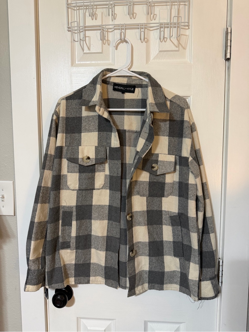 Kendall & Kylie Cream and Gray Plaid Utility Shacket